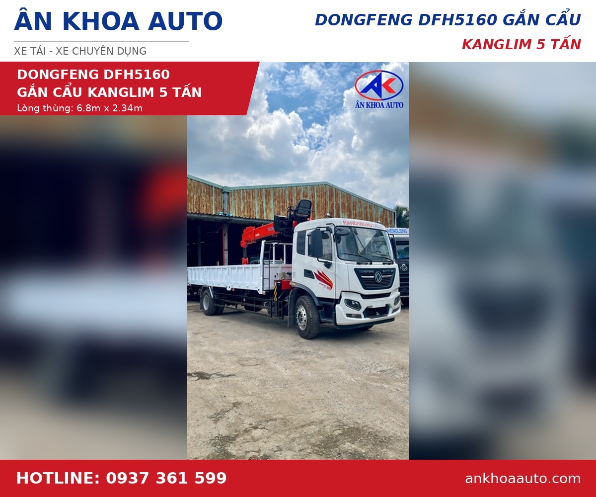 Xe Tải Dongfeng Gắn Cẩu Kanglim 5 Tấn – Thùng Dài 6m8, Tải 6,4 Tấn